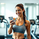 a fitness woman, happy, using an app, in a gym, light airy background.jpg