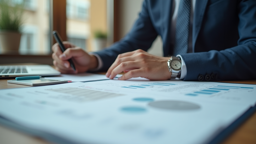 Eye-level view of a professional reviewing regulatory documents