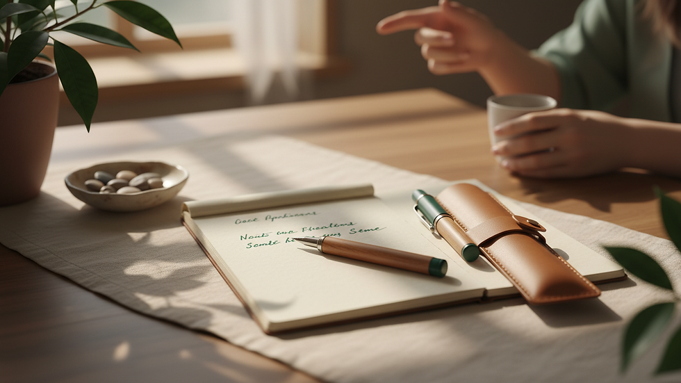 Close-up view of a notebook and pen on a table during a group activity session