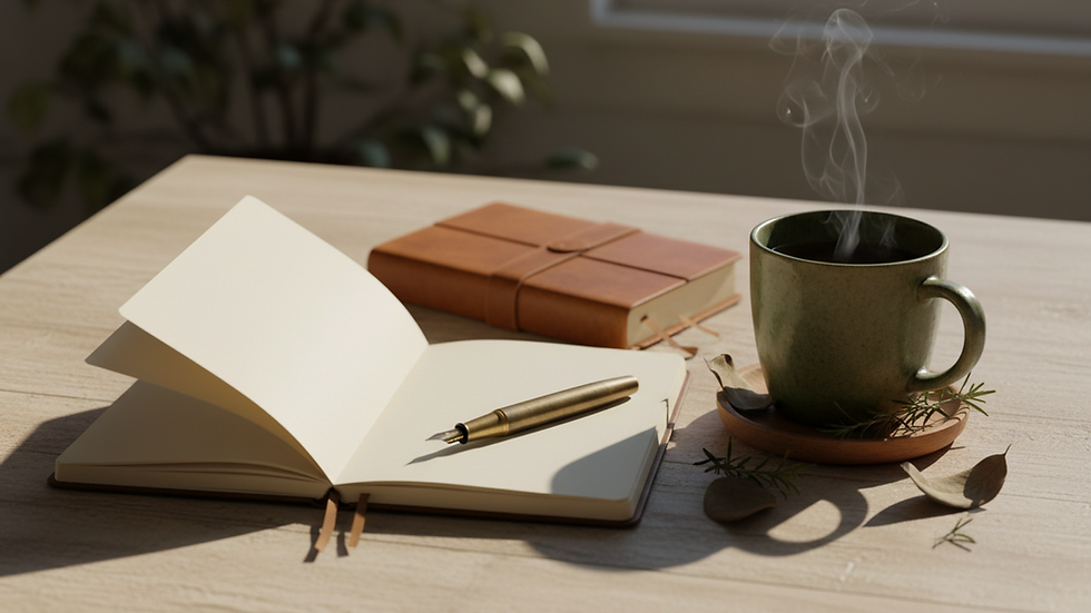 Close-up view of a notebook and pen on a table with a cup of tea