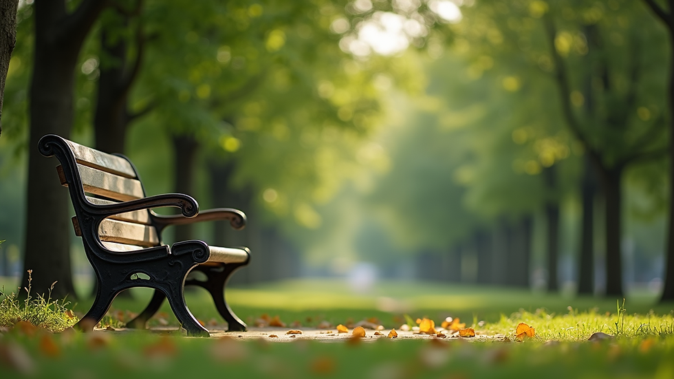 Eye-level view of a peaceful park bench surrounded by green trees