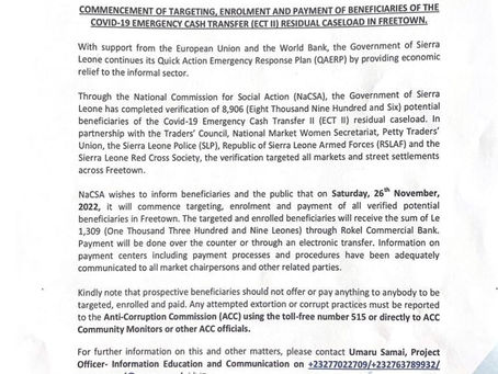 Commencement of Targeting, Enrolment and Payment of Beneficiaries of the Covid 19 Cash Transfer...