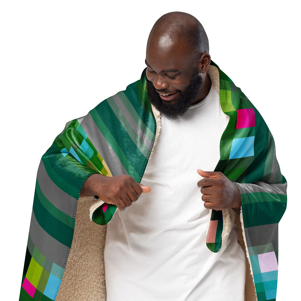 Thumbnail: man with geometric sherpa blanket over his shoulders