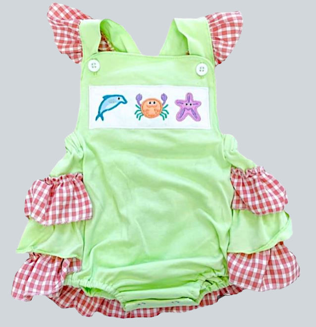 Sea Creatures Embroidered Lime Ruffled Romper