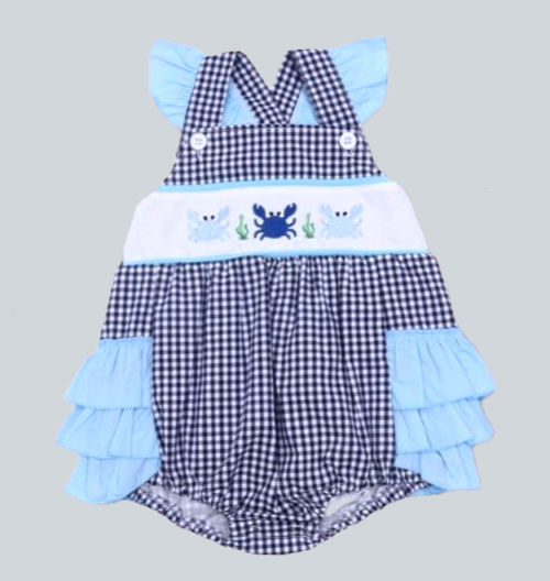 Three Crabs Embroidered Plaid Ruffled Romper