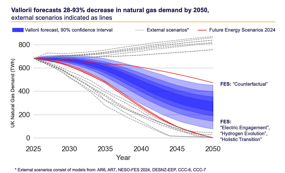 Forecast graph: UK natural gas demand may decrease 28-93% by 2050. Blue bands show confidence intervals, red lines FES 2024 scenarios.