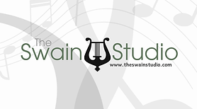 Logo for The Swain Studio, black and green text on a white and grey background with a black harp icon in the center