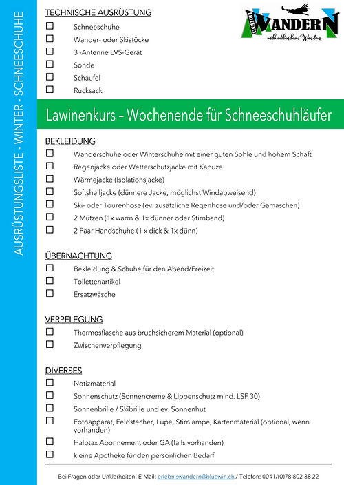 Packliste für Lawinenkurs für Schneeschuhläufer bei ErlebnisWandern