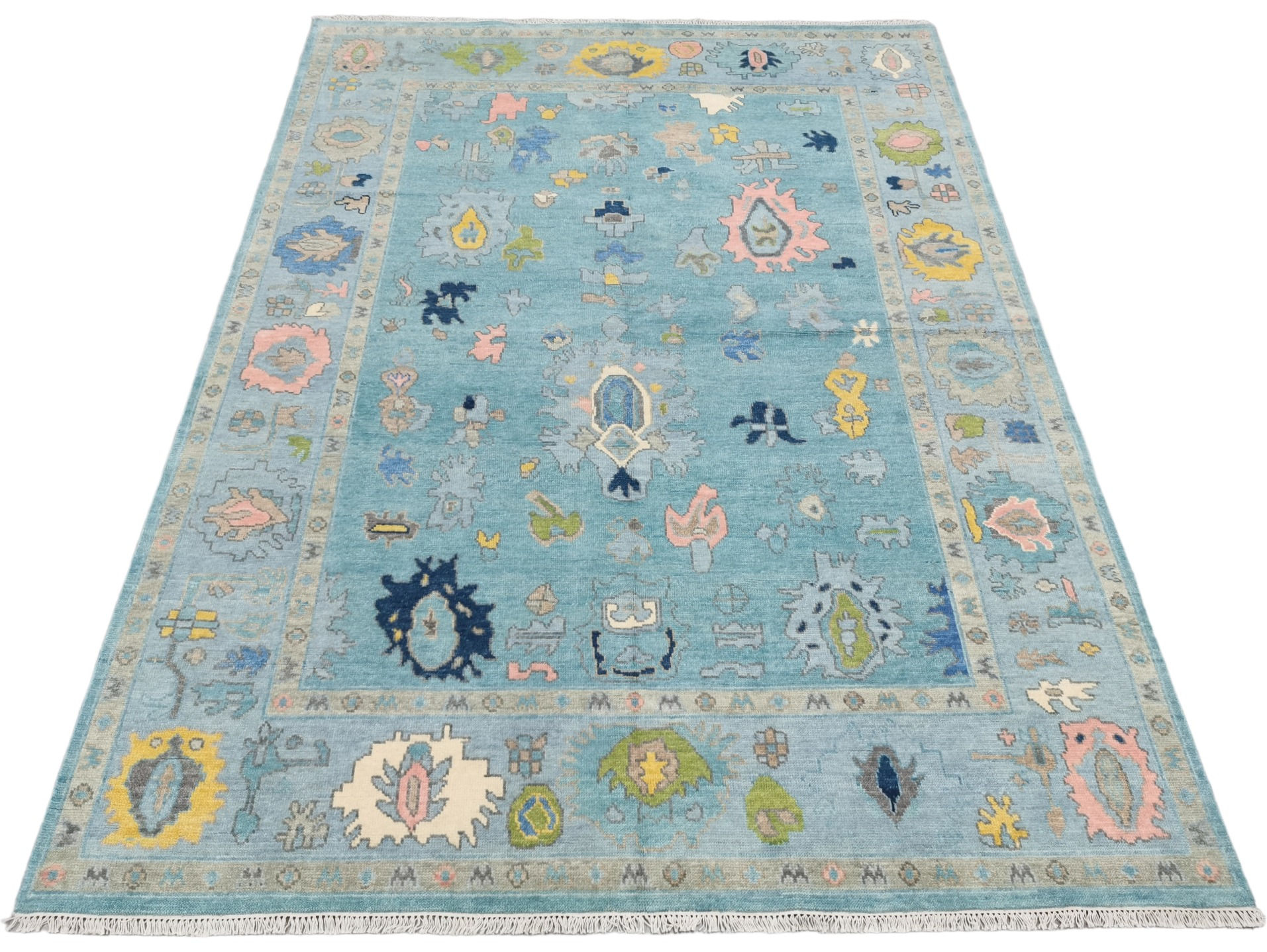 Handgeknoopt Ushak wol tapijt floral Skyblue