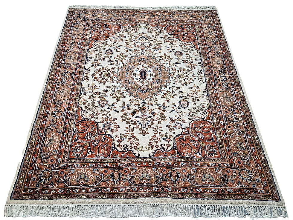 Handgeknoopt oosters wol Keshan tapijt medallion crème