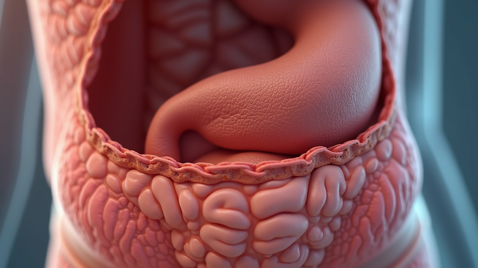 Close-up view of a medical illustration showing abdominal hernia anatomy