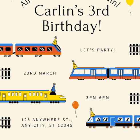 Blue & Cream Fun Children's Train Birthday Party Invitation