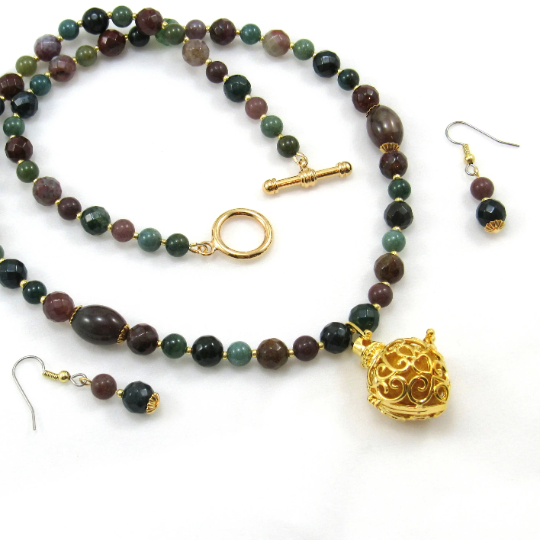 Essential Oil Diffuser Necklace with Earrings, Fancy Jasper Gemstone Jewelry