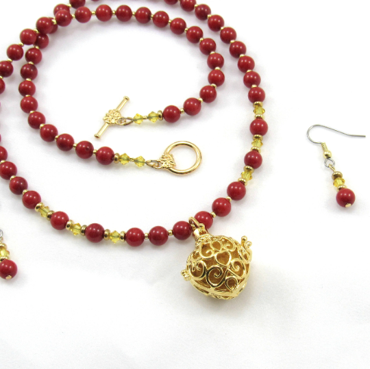 Essential Oil Diffuser Necklace with Earrings, Red Bamboo Coral , Gold Cage Pend
