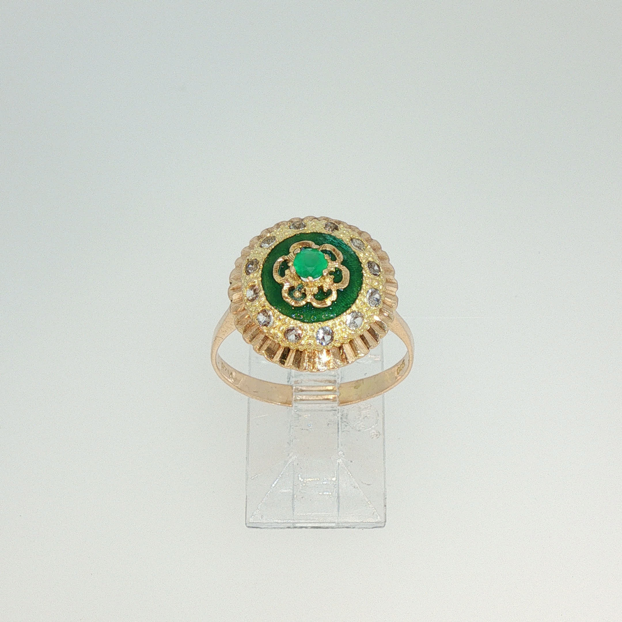 Yellow Gold Emerald Cocktail Ring with Ornate Halo