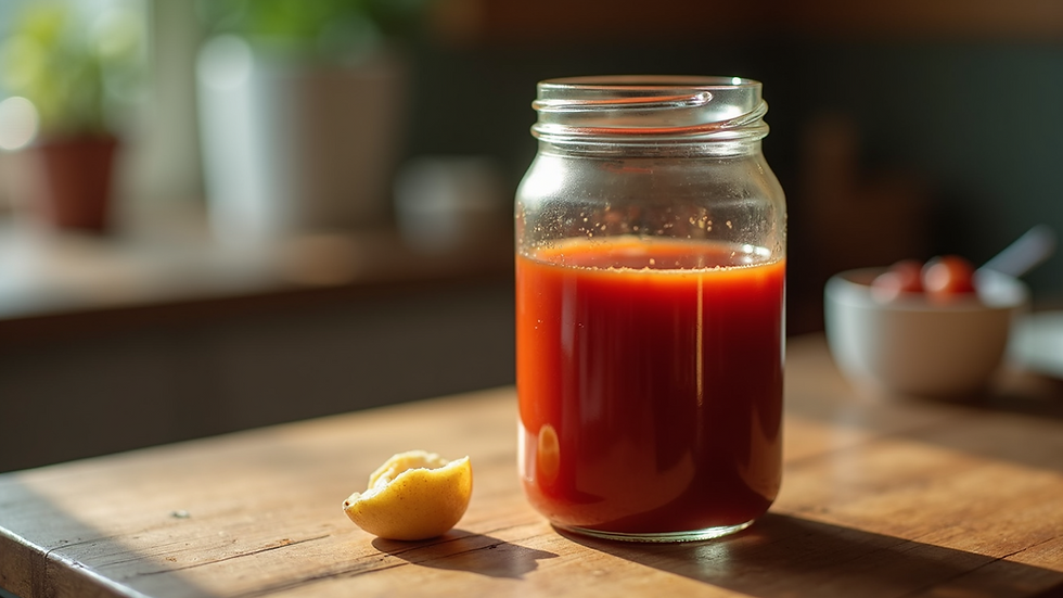 Close-up view of a jar of homemade ketchup on a wooden table.