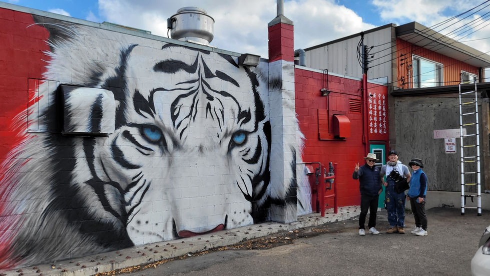 White Tiger mural is Chinatown Edmonton, behind China Marble Restaurant. Based on East Asian mythology. Calligraphy text painted with stencil