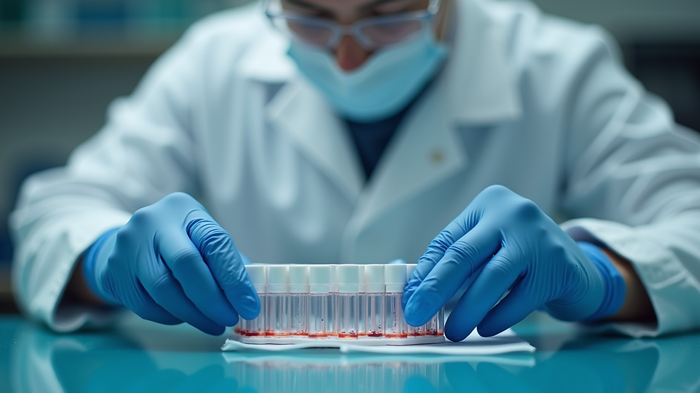 Close-up view of a laboratory technician analyzing blood samples