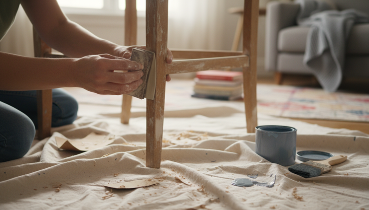 Close-up view of paint-stained hands sanding the edge of an old wooden chair.