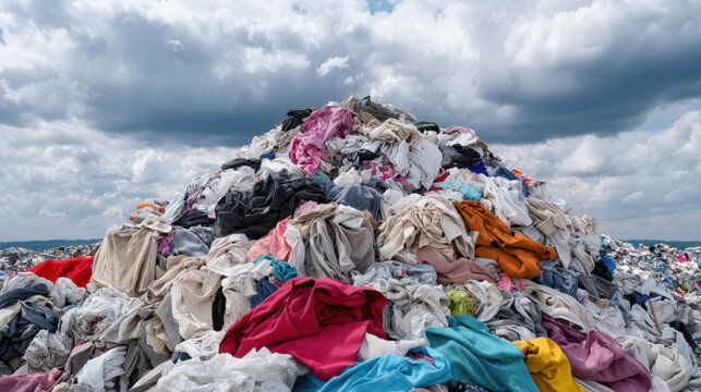 A massive pile of discarded textiles accumulates under a cloudy sky, highlighting the impact of clothing waste in landfills. Image from Adobe stock.