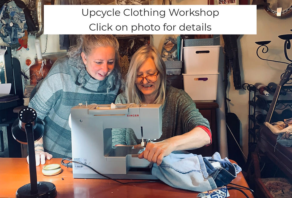 Two women collaborate on a sewing project, skillfully upcycling materials as part of WWoW's initiative to combine artistry and sustainability.