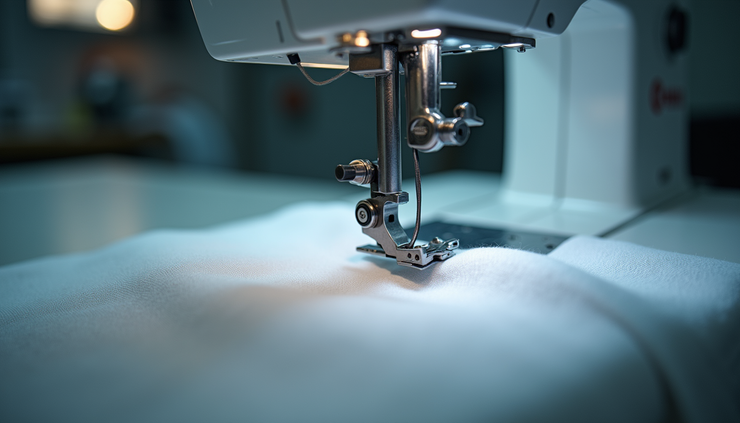 Eye-level view of sewing machine stitching polyester fabric