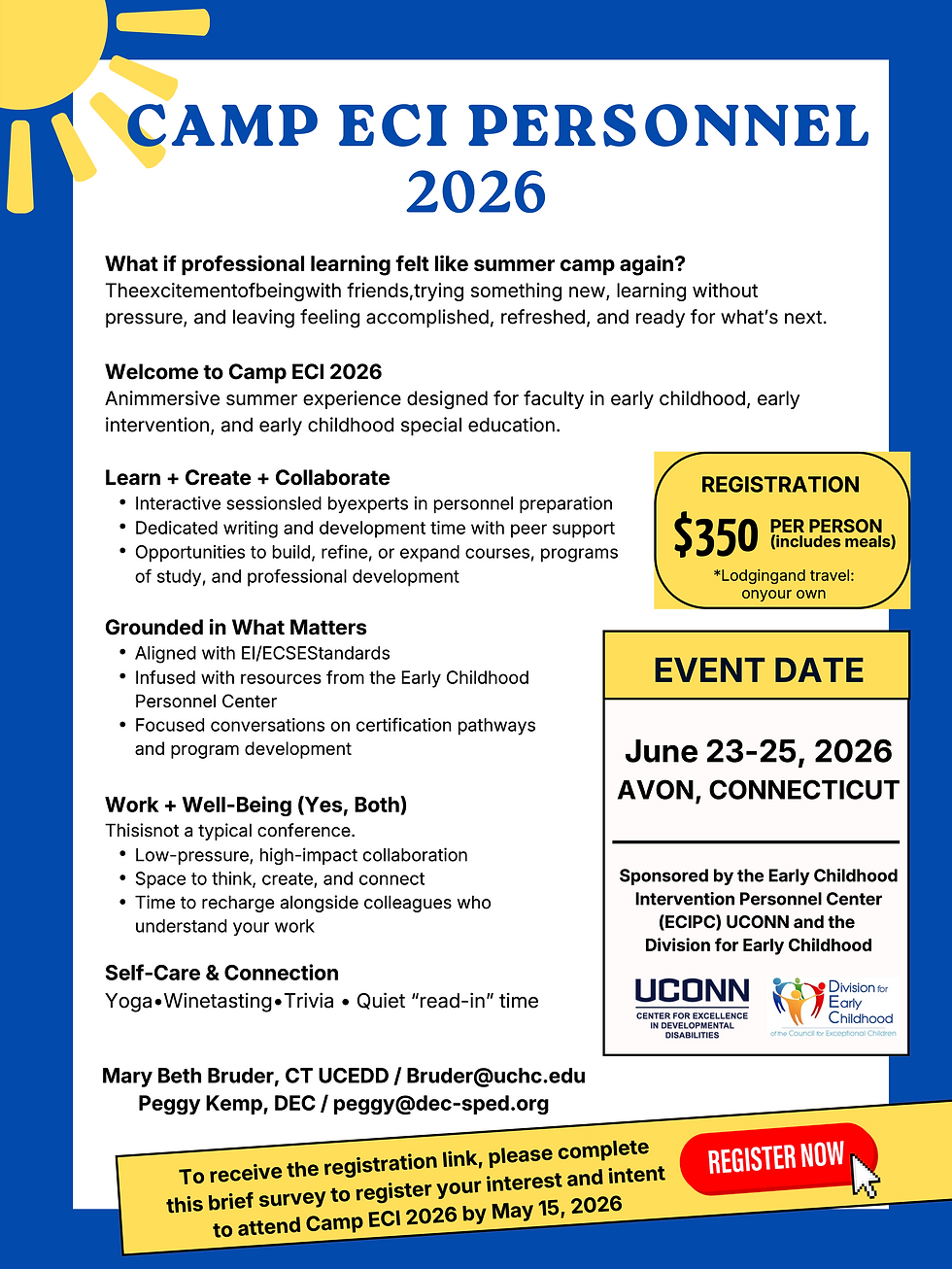 Camp ECI Personnel 2026 flyer with event details, date (June 23-25, 2026), and location (Avon, Connecticut). Registration info included.
