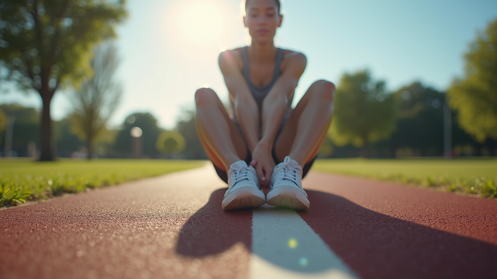 Eye-level view of a person stretching outdoors before exercise