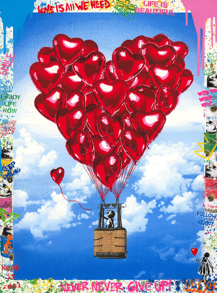 Mr Brainwash Original Love Above All - Love Is All We Need original in bright color for sale at Miva Fine Art Gallery