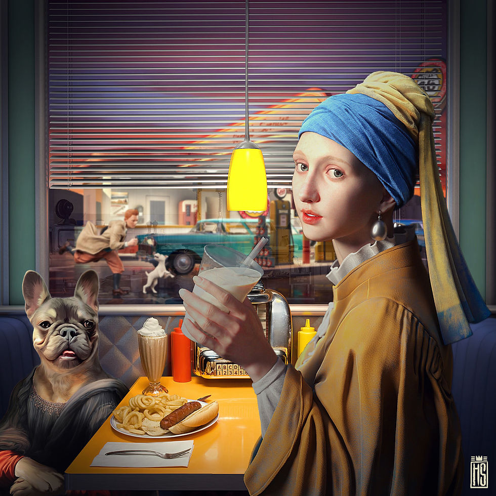 American Diner artwork by Helt Sort, colorful limited edition contemporary collectible for sale at Miva Fine Art Gallery Swed