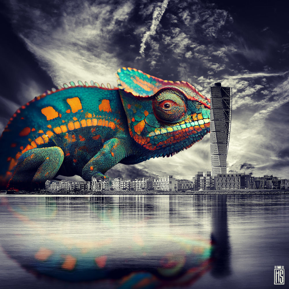 Giant Chameleon -1 Malmoe artwork by Helt Sort, colorful limited edition contemporary for sale at Miva Fine Art G