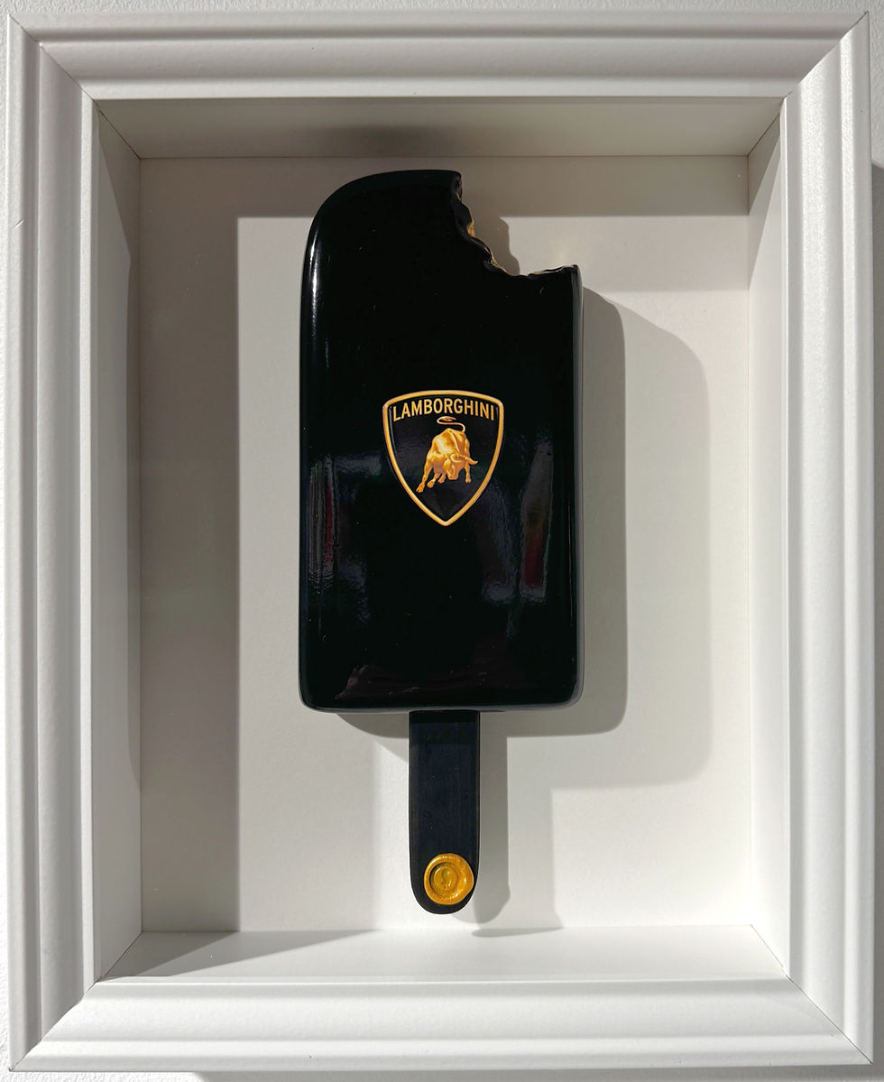 Lamborghini popsicle artwork by Snek at Miva Fine Art Gallery featuring glossy epoxy finish, luxury branding, contemporary