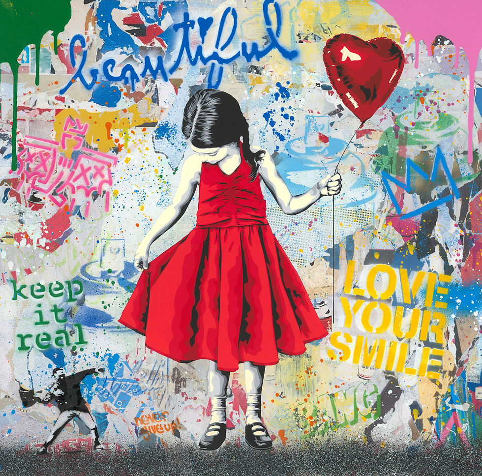 Mr Brainwash Original Beautiful Girl - Love Your Smile Red Dress in bright colors for sale at Miva Fine Art Gallery Sweden