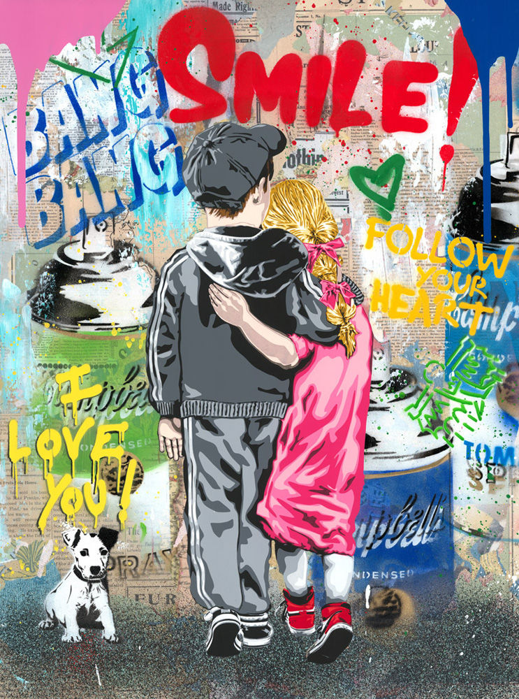 Mr Brainwash original in bright color Dreaming Together Pink Dress for sale at Miva Fine Art Gallery Sweden