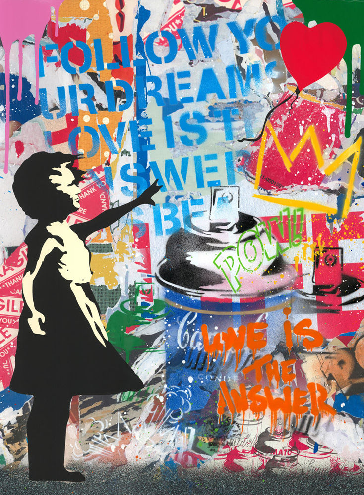 Mr Brainwash original in bright color The Balloon Girl Follow Your Dreams for sale at Miva Fine Art Gallery Sweden