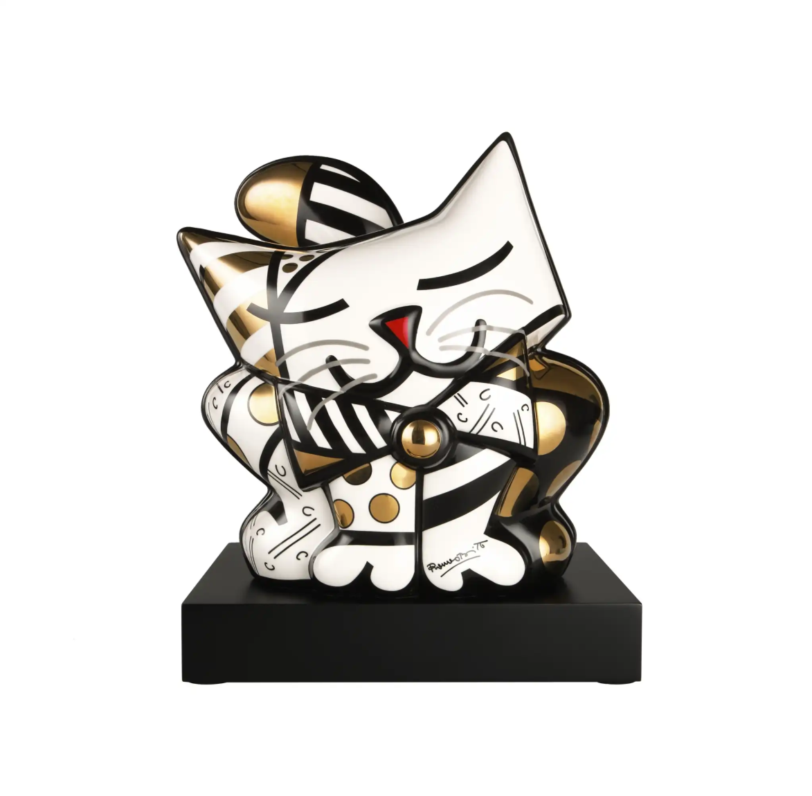 Goebel Porcelain pop art Figur Golden Cat Large in gold and white on wood base from Miva Fine Art Gallery Sweden