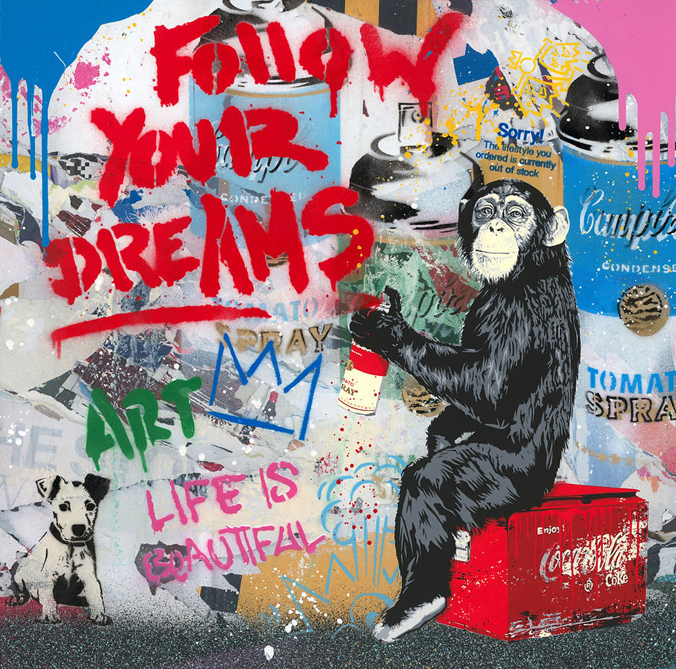 Mr Brainwash Original Every Day Life in bright colors Banksy Monkey for sale at Miva Fine Art Gallery Sweden