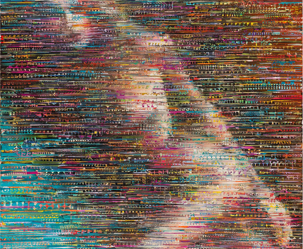 Nude I Gosia Kosiec figurative portrait painting with layered letters and shapes, exhibited at Miva Fine Art