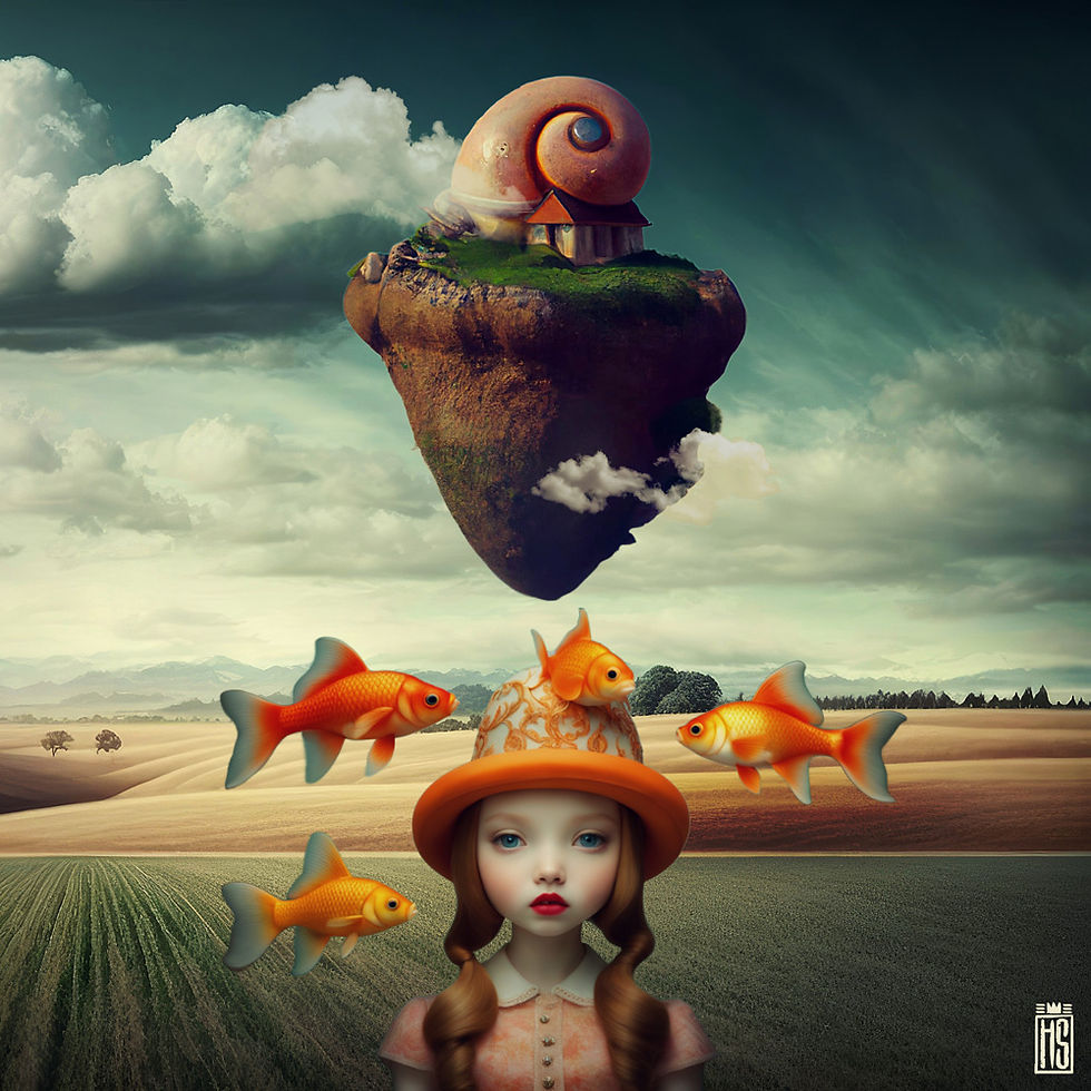 Fish Girl artwork by Helt Sort, colorful limited edition contemporary collectible for sale at Miva Fine Art Gallery Sweden