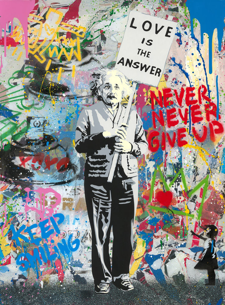 Original painting in bright color from Mr Brainwash title Einstein Love Is The Answer sale at Miva Fine Art Gallery Sweden