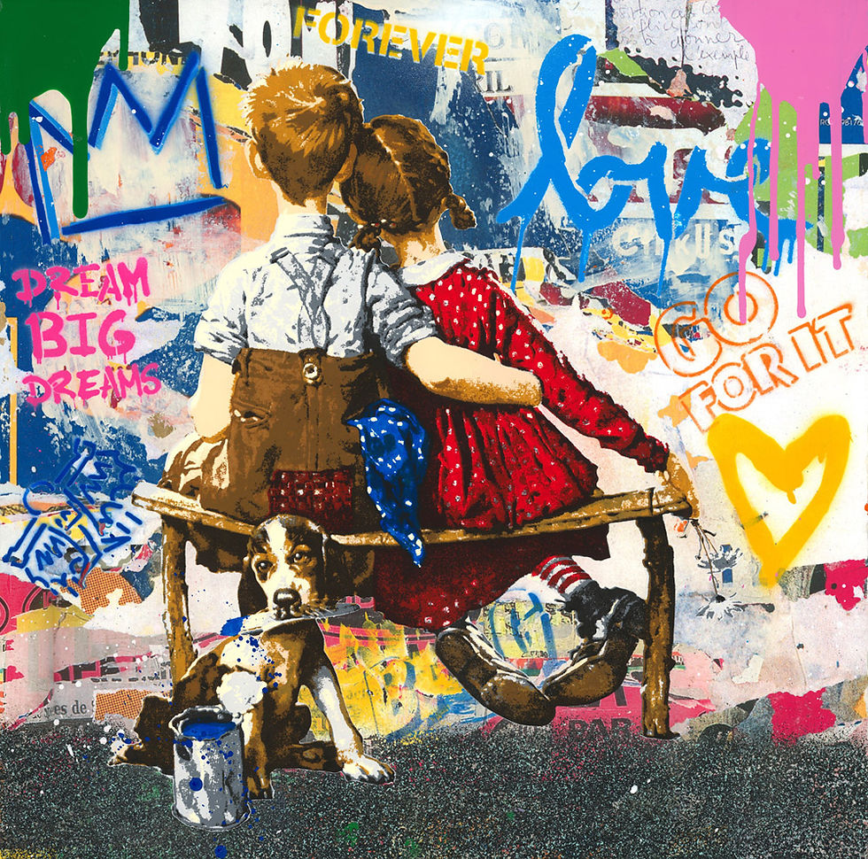 Mr Brainwash Original Work Well Together inspired by Norman Rockwell in bright color for sale at Miva Fine Art Gallery Sweden
