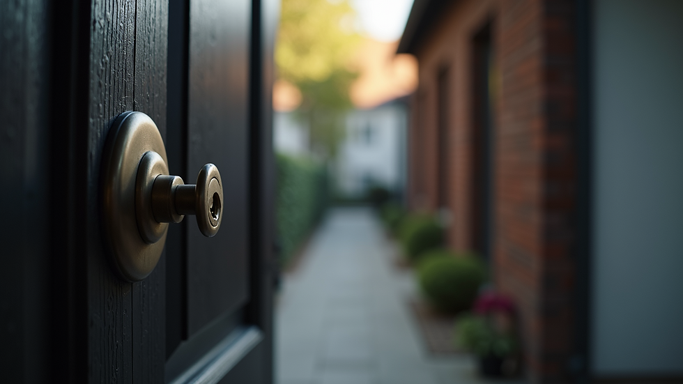 Close-up view of a secure front door with a deadbolt