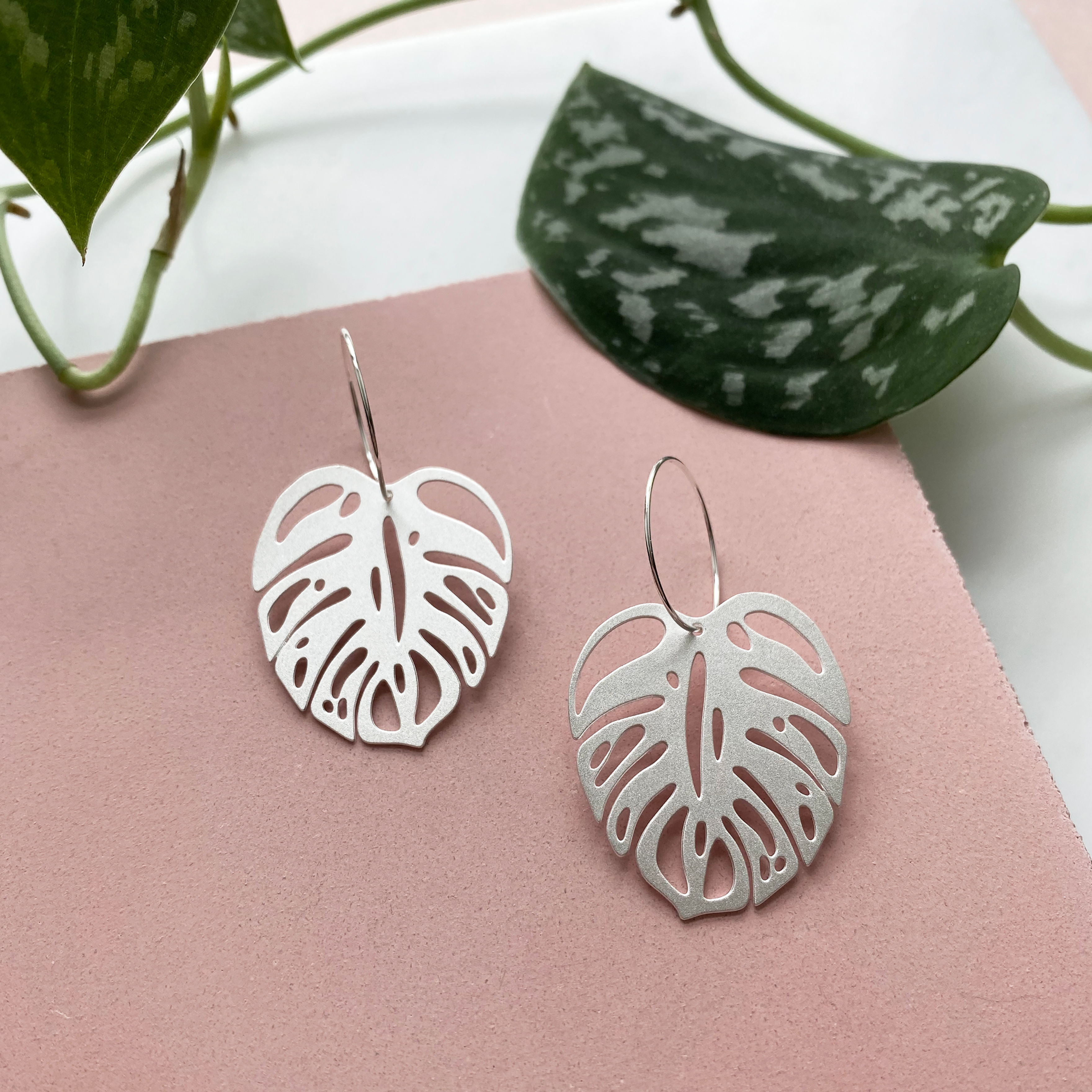 Silver Monstera Houseplant Hoop Earrings by Mica Peet