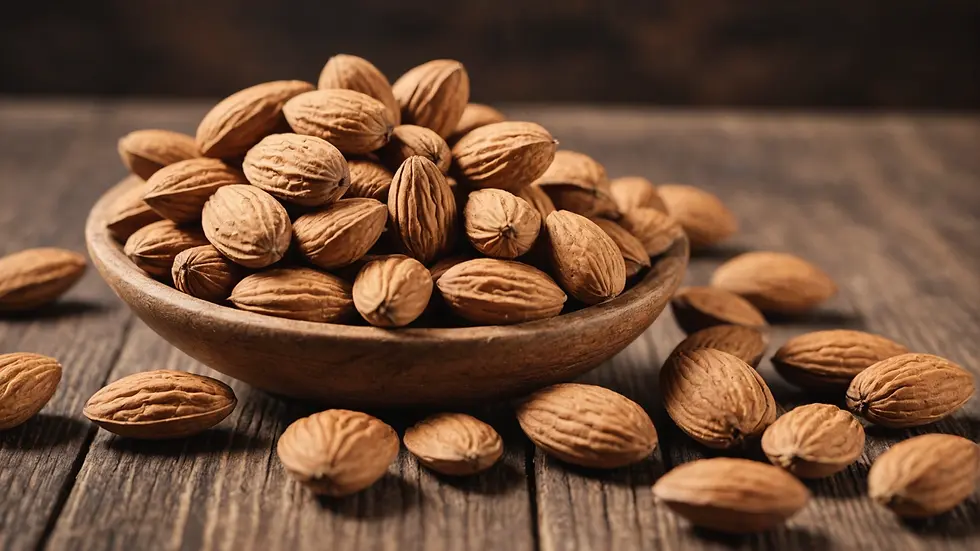A handful of almonds on a wooden background