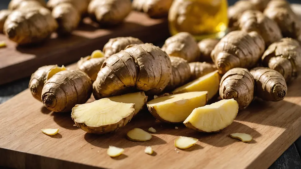 Fresh ginger root pieces on a cutting board