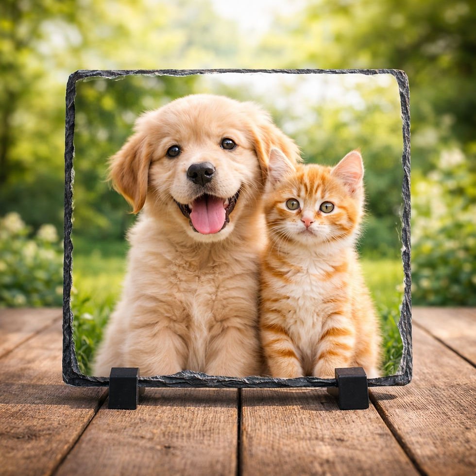 Miniaturbild: Glücklicher Goldener Retriever Welpe und Kätzchen auf Quadrat Schiefertafel im Freien