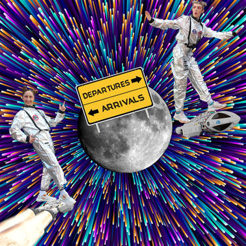 Two women in space suits standing on rockets going to and from the moon