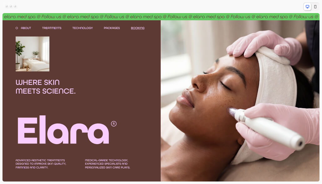 Elara Med Spa homepage featuring a woman receiving an advanced aesthetic facial treatment alongside the tagline "Where skin meets science"