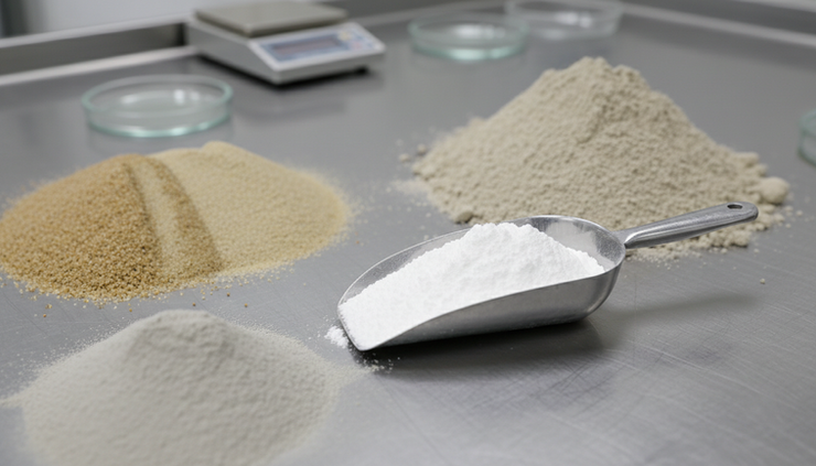 Metal scoop of white powder on a lab table beside mounds of beige and gray powders and petri dishes RDP powder for mortar