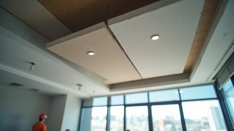 Close-up view of ceiling panels being installed in a commercial building